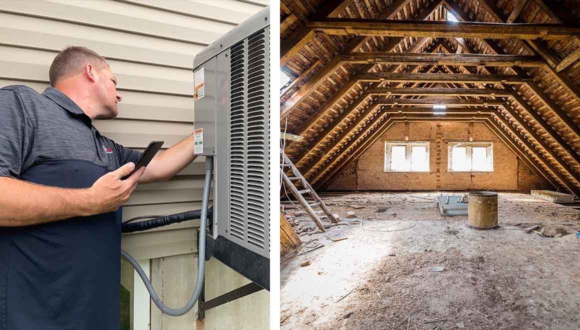 Inspector checking home exterior and attic